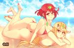  ass bikini blonde_hair breasts highres large_breasts lying_on_person mythra_(xenoblade) pyra_(xenoblade) red_eyes red_hair rtil swimsuit thighs thong thong_bikini xenoblade_chronicles_(series) xenoblade_chronicles_2 yellow_eyes 
