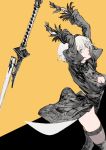  1girl arms_up black_gloves black_hairband black_legwear blue_eyes breasts cleavage cleavage_cutout feather-trimmed_sleeves feather_trim gloves grey_hair hair_between_eyes hairband highres kazama_raita nier_(series) nier_automata pink_lips puffy_sleeves short_hair simple_background solo sword thighhighs turtleneck two-tone_background weapon yorha_no._2_type_b 