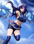  1girl abs absurdres armpits artist_name bare_shoulders bike_shorts blue_eyes blue_hair blush breasts cheerleader commentary_request fire_emblem hair_between_eyes highres long_hair looking_at_viewer lucina_(fire_emblem) medium_breasts midriff navel open_mouth patreon_username pom_pom_(clothes) sideboob skirt smile solo teeth thighhighs tongue vilde_loh_hocen watermark web_address 