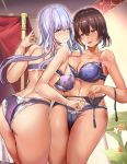  2girls ass bare_shoulders blue_eyes blue_hair borrowed_character bra breasts brown_hair butt_crack canopy cleavage cowboy_shot frilled_bra frilled_panties frills garter_belt highres himuro_shunsuke large_breasts lingerie long_hair multiple_girls navel original panties pole purple_bra purple_eyes purple_panties shiny shiny_skin skindentation underwear 