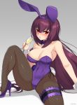  1girl absurdres animal_ears armpits artist_name bangs bare_shoulders blush bow bowtie breasts bunny_ears bunny_girl bunnysuit cleavage covered_navel cup detached_collar drinking_glass eyebrows_visible_through_hair fake_animal_ears fate/grand_order fate_(series) hair_between_eyes high_heels highres hioyami holding large_breasts leotard long_hair looking_at_viewer open_mouth pantyhose purple_footwear purple_hair red_eyes scathach_(fate)_(all) scathach_(fate/grand_order) sitting solo sweat wrist_cuffs 