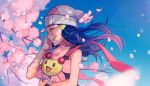  1girl beanie blue_hair blurry blurry_background blush cherrim cherrim_(sunshine) closed_eyes closed_mouth commentary_request dawn_(pokemon) day floating_hair gen_4_pokemon hair_ornament hairclip hand_up hat highres holding holding_pokemon long_hair outdoors petals pink_scarf pokemon pokemon_(creature) pokemon_(game) pokemon_dppt scarf sleeveless smile suno_(su_no125) upper_body white_headwear 