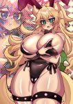  1girl :o :t absurdres animal_ears annoyed black_leotard black_neckwear blonde_hair blush bow bowsette bowtie breasts bunny_ears bunnysuit checkered covered_nipples crown curvy dragon_horns dragon_tail embarrassed fang green_eyes highres horns huge_breasts leotard mario_(series) multiple_views new_super_mario_bros._u_deluxe osiimi skin_fang spiked_shell spiked_thighlet super_crown tail thighlet thighs turtle_shell zoom_layer 