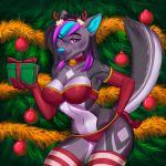  anthro bra canid canine canis christmas christmas_tree clothing collar female footwear gift hi_res highlights_(coloring) holidays hybrid legwear looking_at_viewer mammal panties raidraw_(artist) smile smiling_at_viewer socks solo sonja_wusky thigh_highs thigh_socks tree underwear wolf wolfdog 