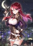  1girl apple_caramel blue_eyes breasts cleavage commentary_request cowboy_shot crescent_moon gun handgun highres holding holding_gun holding_weapon long_hair long_sleeves looking_at_viewer medium_breasts moon night night_sky official_art original pistol red_hair skirt sky smile solo thighhighs weapon zettai_ryouiki 