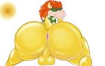  anthro anus balls big_butt bodily_fluids bowser butt genitals gypsy_king_(artist) hair hi_res horn huge_butt hyper hyper_butt koopa looking_back male mario_bros nintendo nude orange_hair reptile scalie shell simple_background smile solo sweat sweaty_butt video_games yellow_body yellow_skin 