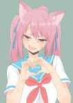  1girl :d absurdres ahoge animal_ears bandaid bandaid_on_cheek blue_ribbon blue_sailor_collar cat_ears copyright_request donguri_suzume fang green_background hair_ribbon hands_up heart heart_hands highres looking_at_viewer neckerchief open_mouth pink_hair red_eyes red_neckwear ribbon sailor_collar school_uniform serafuku shirt short_sleeves simple_background skin_fang smile solo upper_body white_shirt 
