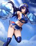  1girl abs absurdres armpits artist_name bare_shoulders blue_eyes blue_hair blush breasts cheerleader commentary_request fire_emblem hair_between_eyes highres long_hair looking_at_viewer lucina_(fire_emblem) medium_breasts midriff navel panties patreon_username pom_pom_(clothes) skirt smile solo thighhighs underboob underwear vilde_loh_hocen watermark web_address 