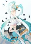  1girl absurdly_long_hair ahoge aqua_eyes aqua_hair ass bangs bare_arms bare_shoulders blurry blurry_background breasts dress finger_to_face full_body hair_ornament hatsune_miku headphones highres jewelry long_hair looking_at_viewer looking_to_the_side miku_symphony_(vocaloid) necklace plantar_flexion record shards shoe_soles shoes short_dress single_thighhigh solo strapless strapless_dress thighhighs twintails very_long_hair vocaloid white_dress white_footwear white_legwear yan_er10 