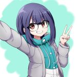  1girl arm_up bangs black-framed_eyewear black_hair blue_jacket blush drawstring eyebrows_visible_through_hair glasses grey_jacket grin hair_between_eyes highres jacket kuena long_hair long_sleeves looking_at_viewer oogaki_chiaki open_clothes open_jacket reaching_out red_eyes self_shot smile solo thick_eyebrows upper_body v v-shaped_eyebrows yurucamp 