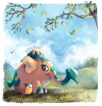  artist_name artsy-theo black_eyes closed_mouth cloud commentary cufant day elephant gen_8_pokemon grass leaves_in_wind looking_to_the_side no_humans outdoors pokemon pokemon_(creature) sitting sky smile 