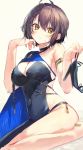  1girl ahoge armlet asymmetrical_clothes azur_lane baltimore_(azur_lane) baltimore_(evening_breeze_minuet)_(azur_lane) bandaid bandaid_on_leg bangs black_choker black_dress blue_cape blush braid breasts brown_hair cape choker cleavage closed_mouth collarbone commentary dress eyebrows_visible_through_hair footwear_removed french_braid groin hair_between_eyes high_heels highres holding holding_shoes irohatomo large_breasts looking_at_viewer shoes short_hair sidelocks simple_background single_bare_shoulder sitting sleeveless sleeveless_dress solo sweat wariza yellow_eyes 