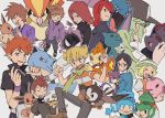  1girl 6+boys barry_(pokemon) baseball_cap bianca_(pokemon) black_shirt blue_oak brown_hair cheren_(pokemon) chimchar clenched_hands closed_eyes closed_mouth cubone eevee fangs gastly gen_1_pokemon gen_2_pokemon gen_4_pokemon gen_5_pokemon green_scarf hands_in_pockets hands_up hat highres holding holding_pokemon jewelry multiple_boys munna n_(pokemon) nashubi_(to_infinity_wow) necklace open_mouth panpour pansage pants pidgeot pokemon pokemon_(creature) pokemon_(game) pokemon_bw pokemon_dppt pokemon_frlg pokemon_gsc pokemon_lgpe pokemon_rgby popped_collar purple_wristband purrloin red_hair scarf shirt silver_(pokemon) smile sneasel spiked_hair starly tongue white_background wristband zorua 