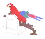  anthro avian beak bird bird_feet breasts butt chair chest_tuft claws feathers female furniture looking_back macaw neotropical_parrot non-mammal_breasts omu parrot red_body red_feathers side_boob solo tail_feathers theblackvixen toe_claws true_parrot tuft 