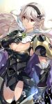  1girl armor black_hairband black_leotard breasts cape cleavage closed_mouth commentary_request corrin_(fire_emblem) corrin_(fire_emblem)_(female) cowboy_shot fire_emblem fire_emblem_fates gloves grey_hair hair_between_eyes hairband highres leotard long_hair misu_kasumi pointy_ears red_eyes solo 