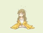  1girl alternate_costume alternate_hairstyle brown_hair camisole commentary_request drill_hair full_body hair_down hatakaze_(kantai_collection) kantai_collection long_hair looking_to_the_side messy_hair otoufu sitting sleepy solo wariza yellow_robe 