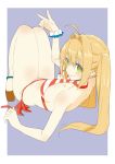  1girl absurdres ahoge bikini blonde_hair blush border breasts clog_sandals closed_mouth criss-cross_halter donguri_suzume fate/grand_order fate_(series) from_behind full_body green_eyes hair_intakes halterneck hand_up highres large_breasts legs_together long_hair looking_at_viewer nero_claudius_(fate)_(all) nero_claudius_(swimsuit_caster)_(fate) purple_background red_bikini simple_background smile solo striped striped_bikini swimsuit twintails v w white_border 