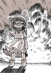  1girl :3 animal_ears ankle_boots antennae backpack bag boots bunny_ears detonator dress emphasis_lines explosion facing_viewer holding inaba_tewi jewelry monochrome necklace poronegi solo standing sunglasses touhou 