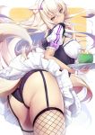  1girl animal_ear_fluff animal_ears artist_name ass bell blue_eyes breasts cat_ears cat_girl cat_tail coconut coconut_(nekopara) commentary drinking_straw english_commentary fishnet_legwear fishnets gainoob garter_straps heterochromia highres holding holding_tray jingle_bell large_breasts long_hair looking_at_viewer maid maid_headdress nekopara panties parted_lips platinum_blonde_hair purple_panties seductive_smile smile solo tail thighs tray tropical_drink underwear yellow_eyes 