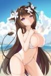  1girl absurdres animal_ears azur_lane bangs bare_arms bare_shoulders beach bikini blue_sky blunt_bangs blush breasts brown_hair cleavage closed_mouth cloud collarbone commentary_request contrapposto cow cow_ears cow_horns cowboy_shot criss-cross_halter day flower hair_flower hair_ornament hair_ribbon halter_top halterneck hand_on_own_chest hand_up highres horizon horns huge_breasts kashino_(after-bath_pleasure)_(azur_lane) kashino_(azur_lane) large_breasts long_hair looking_at_viewer multi-strapped_bikini navel ocean outdoors purple_eyes ribbon skindentation sky smile solo standing stomach swimsuit tail thigh_strap tming very_long_hair water white_bikini white_flower white_ribbon 