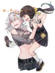  2girls abs anger_vein angry belt black_hair breasts carrying cleavage cleavage_cutout closed_eyes clothing_cutout commentary_request denim fighting girls_frontline height_difference jeans multiple_girls one_eye_closed pants punching qbu-88_(girls_frontline) shoes shuzi silver_hair skirt sl8_(girls_frontline) socks 