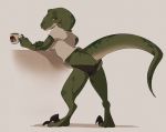  anthro beverage breasts burgess_shale_(lucidum) butt claws clothing coffee_mug dinosaur dromaeosaurid female green_body green_scales half-closed_eyes looking_back narrowed_eyes non-mammal_breasts panties piromane reptile scales scalie shirt solo t-shirt talons theropod thicktail toe_claws topwear underwear 