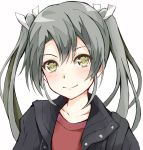  1girl alternate_costume black_jacket commentary_request dairyo3 grey_hair hair_ribbon highres jacket kantai_collection long_hair looking_at_viewer red_shirt ribbon shirt simple_background smile solo twintails upper_body white_background white_ribbon yellow_eyes zuikaku_(kantai_collection) 