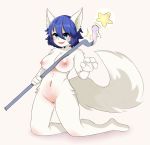  absurd_res anthro big_breasts blue_eyes blue_hair breasts canid canine canis female fluffy fluffy_tail fur genitals hair hi_res holding_object looking_at_viewer mammal nipples novalynx nude open_mouth pussy simple_background smile solo staff star white_background white_body white_fur wolf 