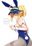  1girl ahoge animal_ears artoria_pendragon_(all) back bangs blonde_hair blue_eyes blue_headwear blue_leotard blush breasts bunny_ears bunny_tail bunnysuit detached_collar fake_animal_ears fate/grand_order fate_(series) grey_legwear hair_between_eyes hair_through_headwear hibun_tsukasa highleg highleg_leotard large_breasts leotard long_hair looking_at_viewer looking_back mysterious_heroine_xx_(foreigner) pantyhose ponytail sidelocks simple_background spoken_blush tail visor_cap white_background wrist_cuffs 