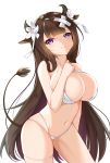  1girl absurdres animal_ears azur_lane bangs bare_arms bare_shoulders bikini blunt_bangs blush breasts brown_hair cleavage closed_mouth collarbone commentary_request contrapposto cow cow_ears cow_horns cowboy_shot criss-cross_halter eyebrows_visible_through_hair flower hair_flower hair_ornament hair_ribbon halterneck hand_up highres horns huge_breasts kashino_(after-bath_pleasure)_(azur_lane) kashino_(azur_lane) large_breasts long_hair looking_at_viewer multi-strapped_bikini navel purple_eyes ribbon simple_background skindentation smile solo stomach swimsuit tail thighs tming very_long_hair white_background white_bikini white_flower white_ribbon 