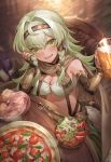  1girl :d absurdres alcohol beer beer_mug blurry blurry_background bottle braid bread breasts brown_gloves cape chair cleavage cup depth_of_field earrings elbow_gloves fingerless_gloves food glint gloves green_eyes green_hair hair_tubes hand_up highres holding holding_cup jewelry july_(shichigatsu) long_hair looking_at_viewer mug navel open_mouth original pizza salad sitting smile solo tomato twin_braids wine_bottle 
