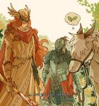  1boy 1girl armor covered_eyes drenched-in-sunlight elden_ring full_armor gold_armor helmet helmet_over_eyes horse long_hair malenia red_hair tall_female tarnished_(elden_ring) very_long_hair winged_helmet 