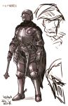  1boy armor breastplate cape dated faulds full_armor gauntlets greaves helmet holding holding_weapon kotoba_noriaki mace original plate_armor scabbard sheath sheathed signature solo spurs standing sword weapon 