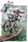  &gt;_&lt; 1girl baseball_cap bicycle black_legwear black_vest commentary_request day floating_hair gen_5_pokemon grass ground_vehicle hat highres hilda_(pokemon) holding long_hair mochako_(motyako_1005) open_mouth oshawott outdoors poke_ball poke_ball_(basic) pokemon pokemon_(creature) pokemon_(game) pokemon_bw riding_bicycle shirt shorts sidelocks socks teeth tongue vest white_shirt wristband 