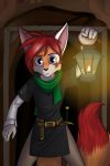  anthro canid canine clothed clothing dipstick_tail eric_stawnwood fox foxyverse fur hair hi_res lantern male mammal mancoin multicolored_tail orange_body orange_fur purple_eyes red_hair scarf solo 