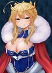  1girl ahoge artoria_pendragon_(all) artoria_pendragon_(lancer) blonde_hair blue_dress blush braid braided_bun breasts cape cleavage cleavage_cutout closed_mouth clothing_cutout crown dress fate/grand_order fate_(series) fur-trimmed_cape fur_trim gauntlets green_eyes highres large_breasts long_hair looking_at_viewer red_cape smile solo temachii upper_body 