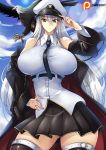  1girl azur_lane bald_eagle bare_shoulders belt bird black_belt black_coat black_neckwear breasts coat eagle enterprise_(azur_lane) haganef hat highres long_hair military_hat necktie open_clothes open_coat peaked_cap purple_eyes shirt skirt sleeveless sleeveless_shirt thighhighs underbust very_long_hair white_hair white_headwear 