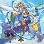  1girl armpits arms_behind_head arms_up ass balance_scale blue_hair blue_legwear blue_sky breasts cleavage cloud column detached_sleeves frigg_(valkyrie_connect) full_body knees long_hair looking_at_viewer official_art pillar purple_eyes single_thighhigh sky solo thighhighs valkyrie_connect weighing_scale 