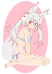  1girl absurdres animal_ears bikini blue_bikini blush breasts cleavage closed_mouth copyright_request donguri_suzume earrings fox_ears fox_mask fox_tail from_side full_body gradient_hair grey_hair highres jewelry looking_at_viewer looking_to_the_side mask mask_on_head medium_breasts multicolored_hair pink_background pink_hair red_eyes side-tie_bikini sitting solo striped striped_bikini swimsuit tail twintails wariza 