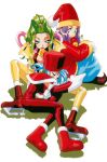  1990s_(style) 3girls bell blue_eyes boots cello_(lamune) closed_eyes drum_(lamune) earrings elbow_gloves gloves green_eyes green_hair hat highres ice_skates jewelry kotobuki_tsukasa light_blue_hair long_hair lying multiple_girls official_art on_side open_mouth pointy_footwear purple_hair red_footwear red_headwear santa_hat short_hair simple_background sitting skates trumpet_(lamune) vs_knight_lamune_&amp;_40_fire white_background 