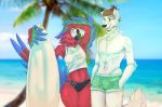  anthro arctic_wolf avian beak bird breasts canid canine canis duo evergreen_tree feathers female fur hair macaw male mammal neotropical_parrot non-mammal_breasts omu open_mouth outside palm_tree parrot red_body red_feathers sand sea surfboard swimwearbeach theblackvixen tree true_parrot vehicle water watercraft white_body white_fur winged_arms wings wolf 