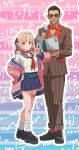  1boy 1girl alternate_costume belt book collar commentary_request glasses gwelu_os_gar highres jacket looking_at_viewer makaino_ririmu math microphone nijisanji pants pointy_ears red_eyes sabamen school_uniform v virtual_youtuber 