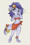  2020 anklet anthro blue_eyes clothed clothing digital_media_(artwork) ear_piercing ear_ring eyewear female fur furgonomics hair jewelry lutrine mammal mustelid piercing purple_body purple_fur purple_hair reign-2004 simple_background skimpy smile solo sunglasses tan_background whiskers 