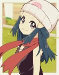  1girl bare_arms beanie closed_mouth commentary_request cu-sith dawn_(pokemon) eyelashes grey_eyes hair_ornament hairclip hat leaves_in_wind long_hair looking_at_viewer pokemon pokemon_(game) pokemon_dppt red_scarf scarf sidelocks sleeveless smile solo white_headwear 