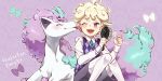  1boy ahoge bangs bede_(pokemon) blonde_hair blush character_name commentary curly_hair face_licking galarian_form galarian_ponyta gen_8_pokemon grey_shorts hands_up holding holding_brush licking long_sleeves one_eye_closed open_mouth pokemon pokemon_(game) pokemon_swsh purple_eyes sasairebun shirt short_hair shorts teeth tongue vest white_shirt 