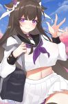 1girl azur_lane bangs blush breasts closed_mouth commentary_request covered_nipples cowboy_shot eyebrows_behind_hair hair_between_eyes highres kashino_(azur_lane) kuroba_chihiro large_breasts looking_at_viewer midriff navel school_uniform sidelocks solo standing 