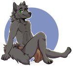  2020 barefoot canid canine canis chest_tuft clothed clothing digital_media_(artwork) fur green_eyes grey_body grey_fur hand_on_ground loincloth looking_at_viewer male mammal navel nude pyndan rikuzi simple_background sitting smile solo topless topless_male tuft wolf 