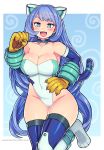  1girl :d adapted_costume animal_ears anklet bangs bare_shoulders blue_background blue_eyes blush boku_no_hero_academia breasts cat_paws choker cleavage collarbone commentary_request covered_navel curvy elbow_gloves eyebrows_visible_through_hair fake_animal_ears fang gloves hadou_nejire hand_on_own_stomach hand_up highleg highleg_leotard jewelry large_breasts leg_up leotard long_hair looking_at_viewer open_mouth paw_pose paws purple_choker purple_hair purple_legwear shiny shiny_clothes shiny_hair shiny_skin shioboi sidelocks smile solo standing standing_on_one_leg strapless strapless_leotard swept_bangs thighhighs twitter_username very_long_hair white_leotard wide_hips 