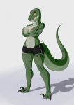  anthro blush bodily_fluids breasts burgess_shale_(lucidum) camel_toe clothing crossed_arms dinosaur dromaeosaurid eyewear female fraydragon genital_fluids glasses green_body green_scales hi_res jurassic_park jurassic_world nipples non-mammal_breasts pussy_juice reptile scales scalie solo standing talons theropod thick_tail underwear universal_studios yellow_eyes 