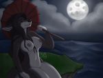  4:3 anthro breasts cliff cloud cloudy dark detailed_background female grass hair hi_res kangaroo light long_hair macropod mammal marsupial miss_rain moon moonlight night nipples nude raine_kirijo sea solo umbrella water 